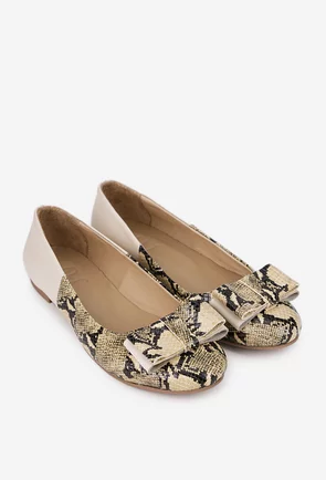 Balerini dama NUR bej din piele cu imprimeu si funda