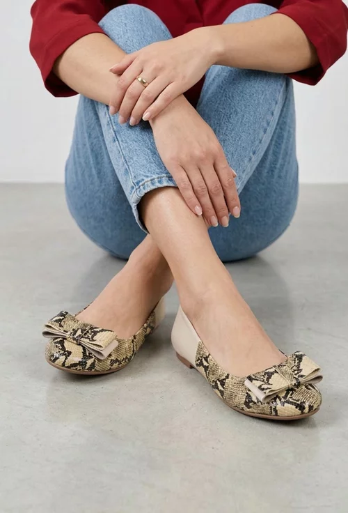 Balerini dama NUR bej din piele cu imprimeu si funda