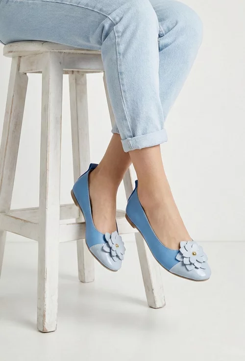 Balerini dama NUR bleu din piele naturala cu floare