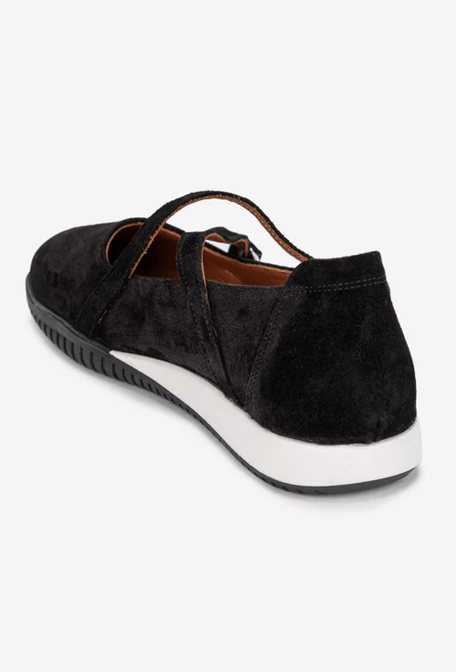 Balerini dama NUR din piele intoarsa neagra cu barete
