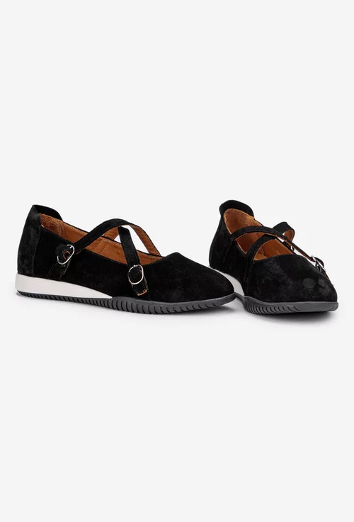 Balerini dama NUR din piele intoarsa neagra cu barete