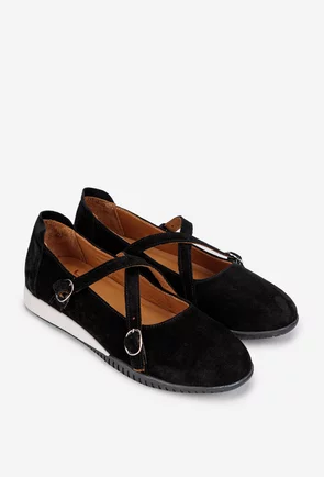 Balerini dama NUR din piele intoarsa neagra cu barete
