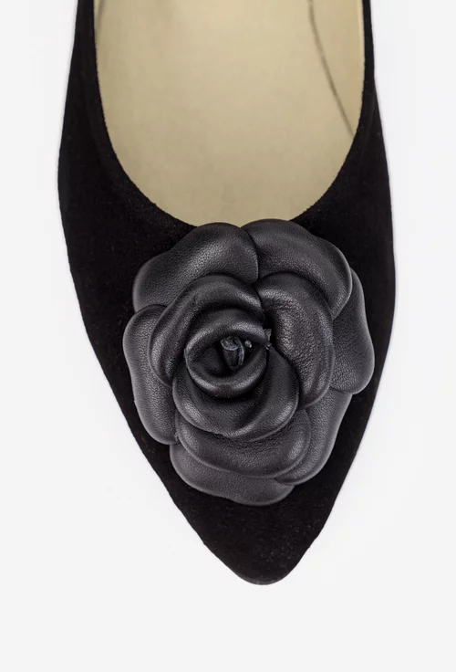 Balerini dama NUR din piele intoarsa neagra cu floare