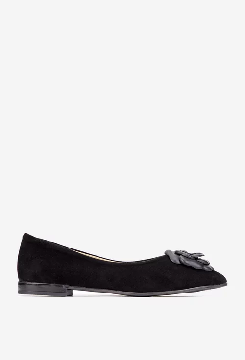 Balerini dama NUR din piele intoarsa neagra cu floare