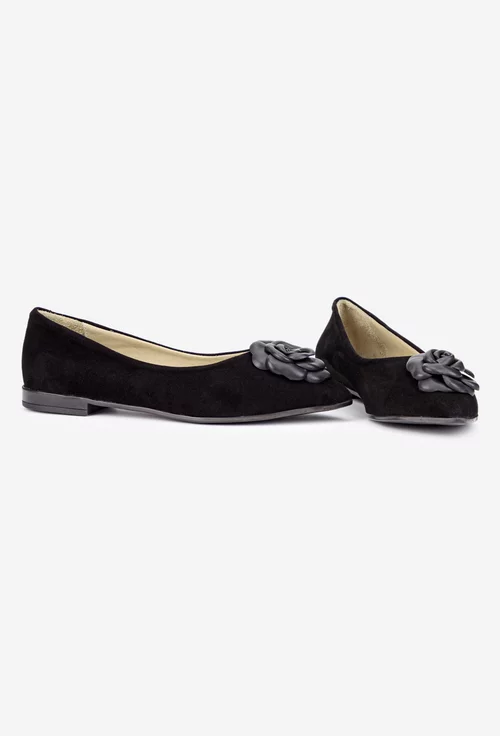 Balerini dama NUR din piele intoarsa neagra cu floare