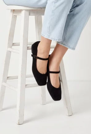 Balerini dama NUR din piele intoarsa neagra cu varful patrat