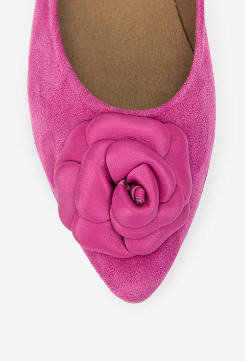 Balerini dama NUR din piele intoarsa roz cu floare