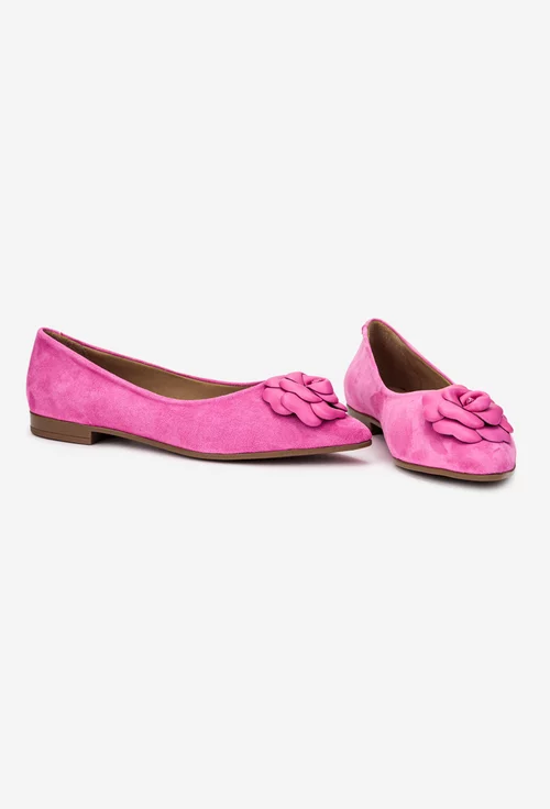 Balerini dama NUR din piele intoarsa roz cu floare