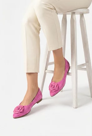 Balerini dama NUR din piele intoarsa roz cu floare