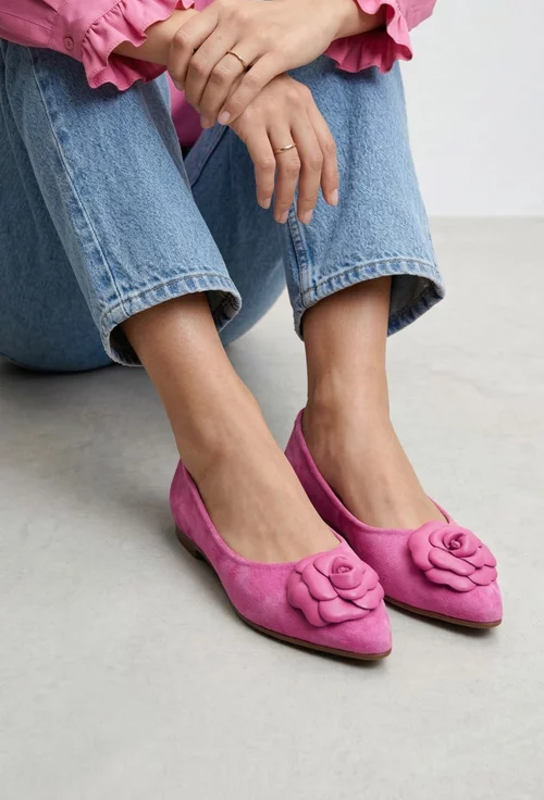Balerini dama NUR din piele intoarsa roz cu floare