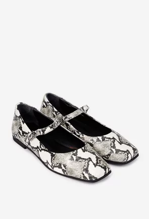 Balerini dama NUR din piele lacuita bej deschis cu imprimeu si varful patrat