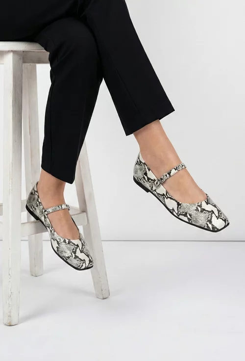 Balerini dama NUR din piele lacuita bej deschis cu imprimeu si varful patrat