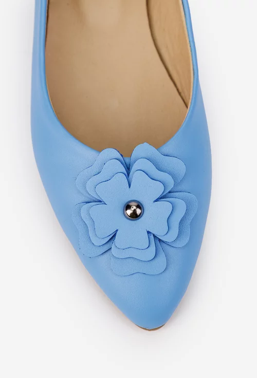 Balerini dama NUR din piele naturala bleu cu floare