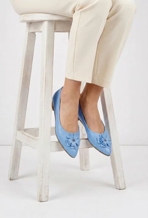 Balerini dama NUR din piele naturala bleu cu floare
