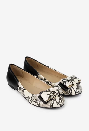 Balerini dama NUR negri din piele cu imprimeu si funda