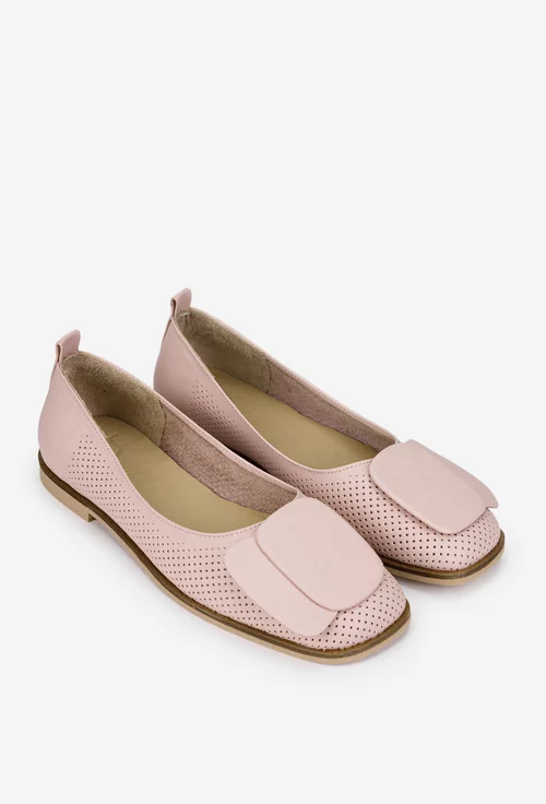 Balerini dama NUR roz pudra din piele cu perforatii si ornament