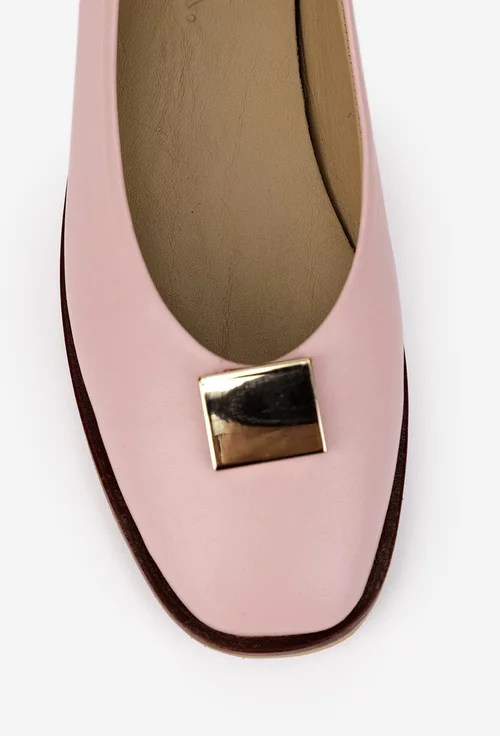 Balerini dama roz pudra din piele cu ornament auriu