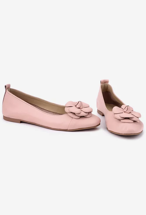 Balerini dama roz pudra din piele cu ornament floare
