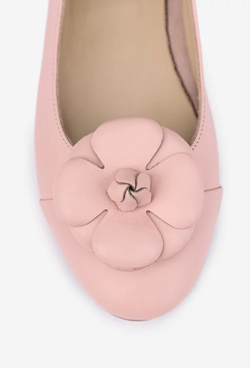 Balerini dama roz pudra din piele cu ornament floare