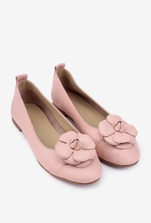 Balerini dama roz pudra din piele cu ornament floare
