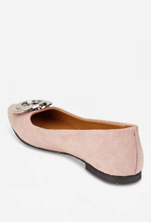 Balerini dama roz pudra din piele intoarsa cu ornament