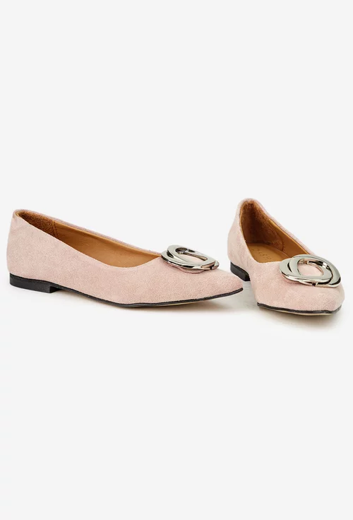 Balerini dama roz pudra din piele intoarsa cu ornament