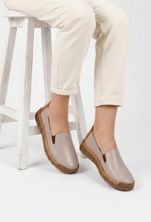 Balerini dama taupe cu maro din piele naturala