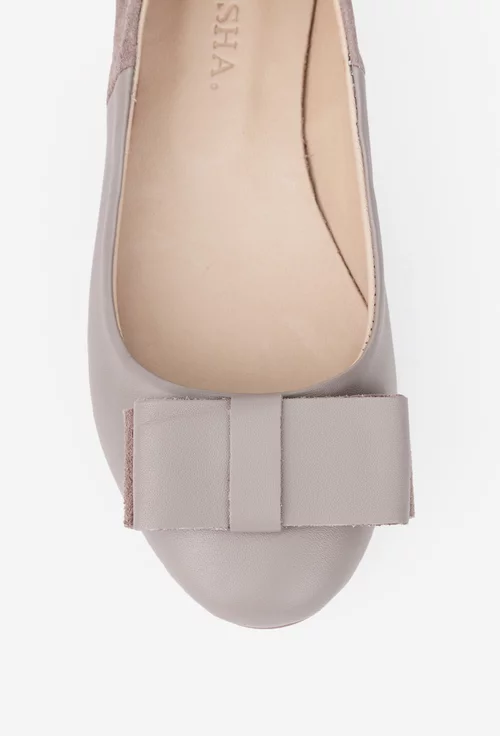 Balerini dama taupe din doua tipuri de piele cu ornament funda