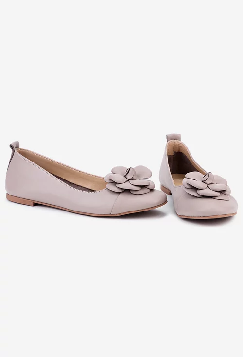 Balerini dama taupe din piele cu ornament floare