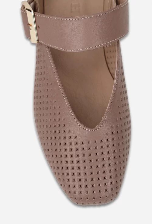 Balerini dama taupe din piele perforata cu bareta