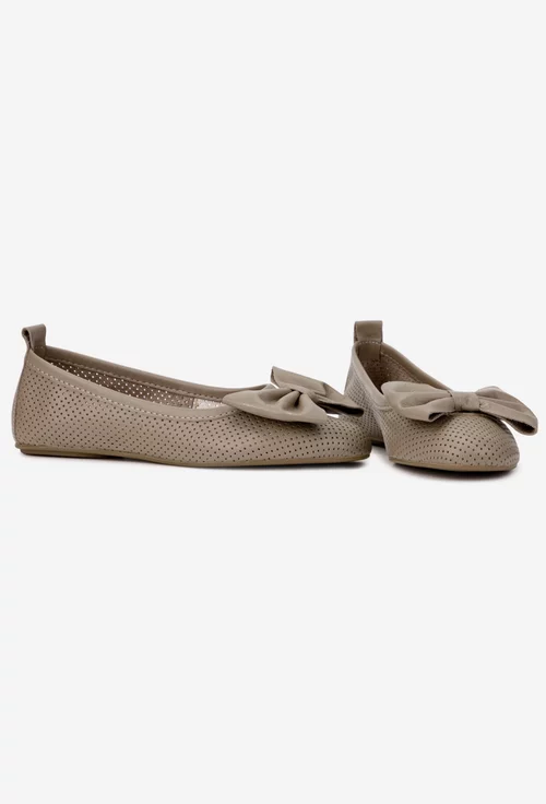 Balerini dama taupe din piele perforata cu funda