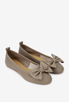 Balerini dama taupe din piele perforata cu funda