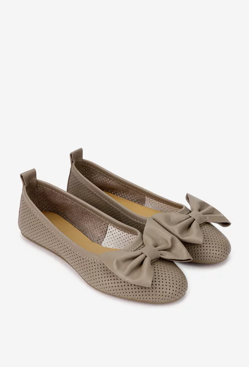 Balerini dama taupe din piele perforata cu funda