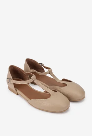 Balerini dama taupe din piele texturata cu bareta in T