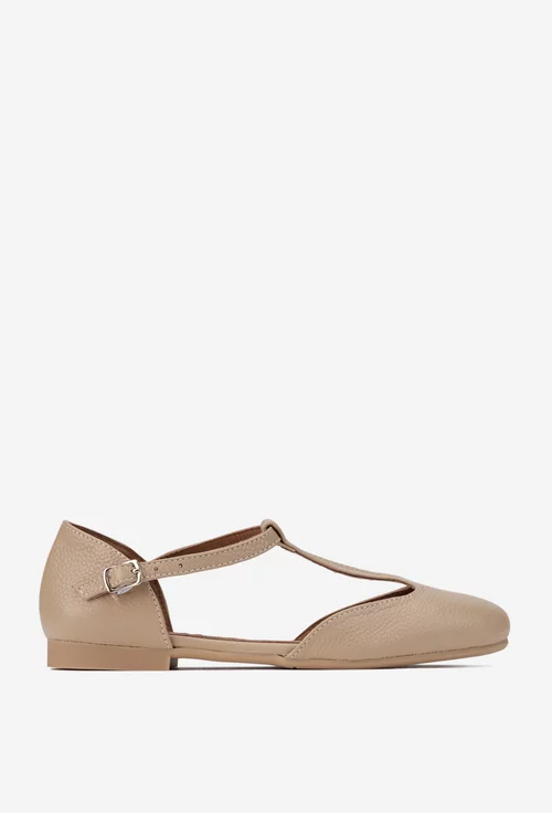 Balerini dama taupe din piele texturata cu bareta in T