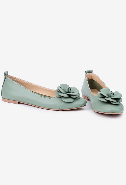 Balerini dama verzi din piele cu ornament floare