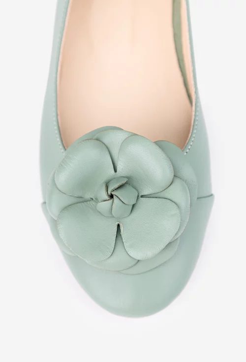 Balerini dama verzi din piele cu ornament floare