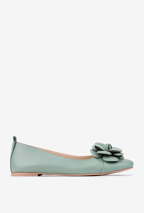 Balerini dama verzi din piele cu ornament floare
