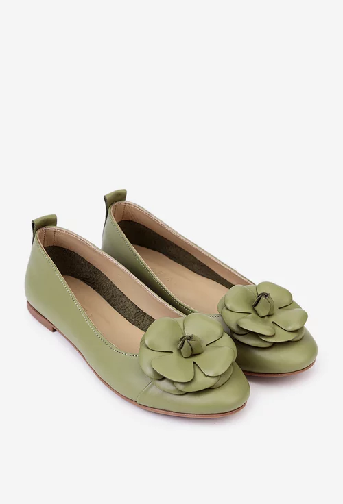 Balerini dama verzi din piele cu ornament floare