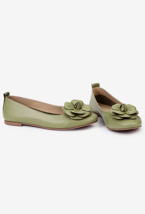 Balerini dama verzi din piele cu ornament floare