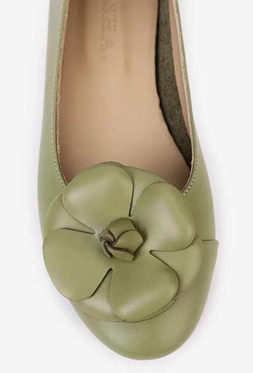 Balerini dama verzi din piele cu ornament floare