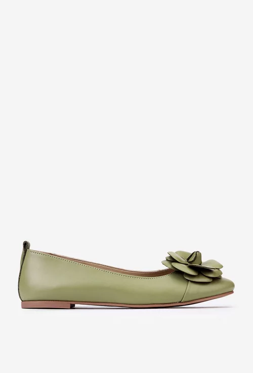 Balerini dama verzi din piele cu ornament floare