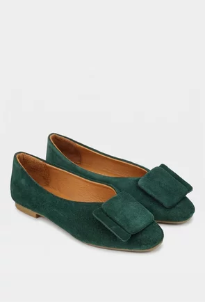 Balerini dama verzi din piele intoarsa cu ornament