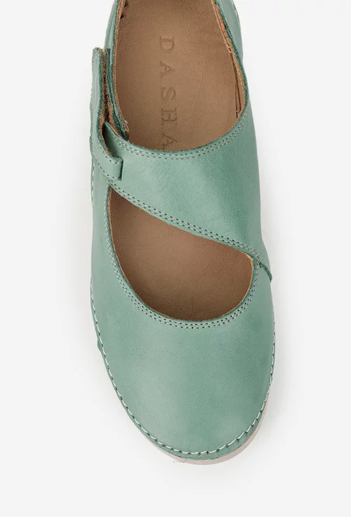 Balerini dama verzi din piele naturala cu bareta