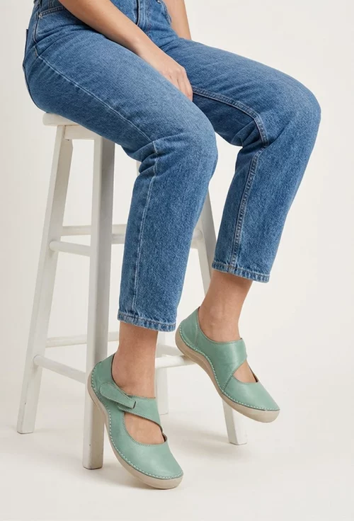 Balerini dama verzi din piele naturala cu bareta