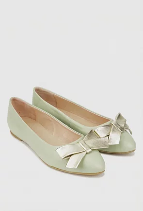 Balerini dama verzi din piele naturala cu funda aurie