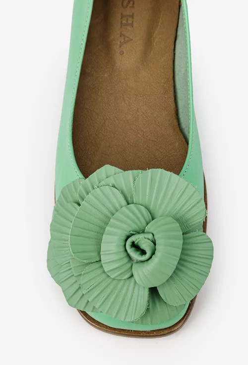 Balerini dama verzi din piele naturala cu ornament floare