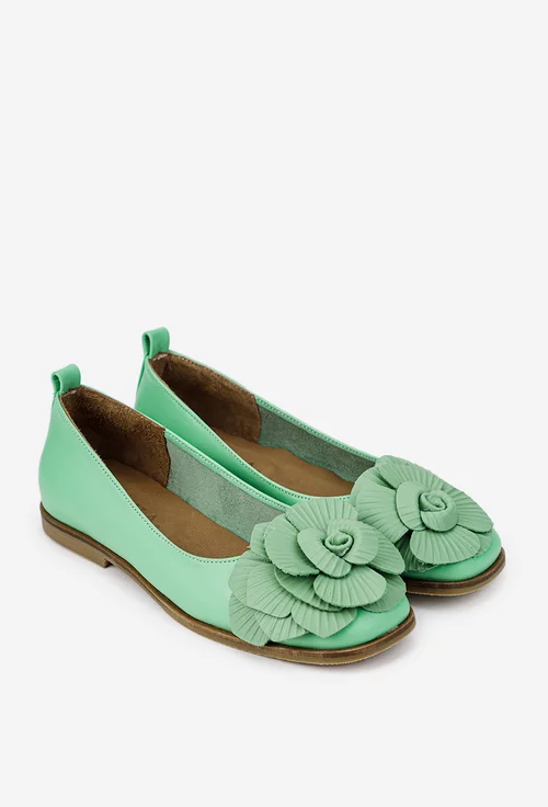 Balerini dama verzi din piele naturala cu ornament floare