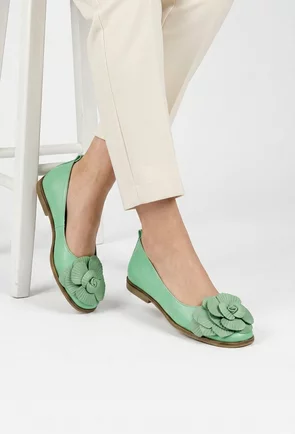 Balerini dama verzi din piele naturala cu ornament floare