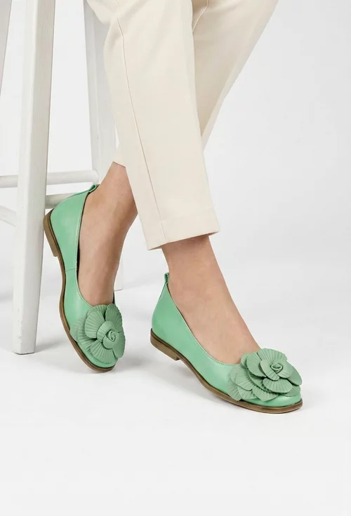 Balerini dama verzi din piele naturala cu ornament floare